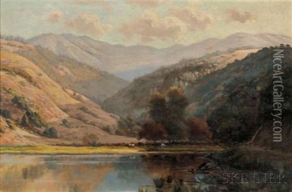 Valley Pasture By A Lake/a California View Oil Painting - Ludmilla Pilat Welch