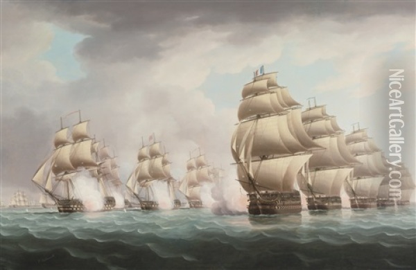 Commodore Dance Discovering The French Fleet Under Rear-admiral Comte De Linois Oil Painting - Thomas Buttersworth
