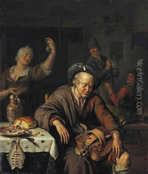 The Sleeping Hurdy-gurdy Player Oil Painting - Willem van Mieris