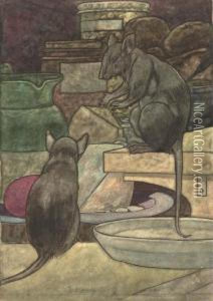 An Illustration For Aesop's Fables: The Field Mouse & The Townmouse Oil Painting - Charles Robinson