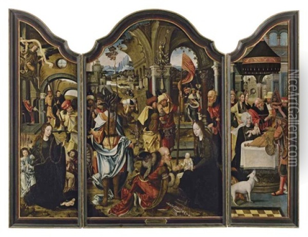L'adoration Des Mages, La Nativite Et La Circoncision (triptych) Oil Painting - Pieter Coecke van Aelst the Elder