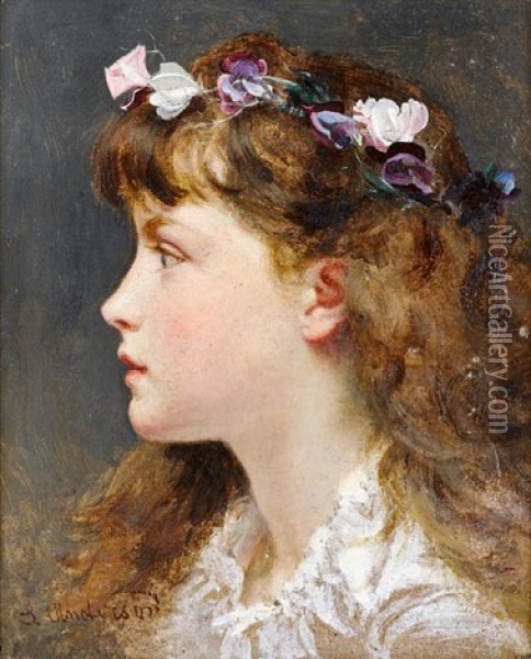 A Young Girl With A Garland Of Flowers In Her Hair Oil Painting - Sophie Anderson