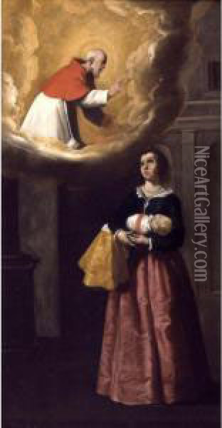A Young Mother Invoking The Blessing Of Saint Raymond Nonnatus For Her Newborn Child Oil Painting - Francisco De Zurbaran