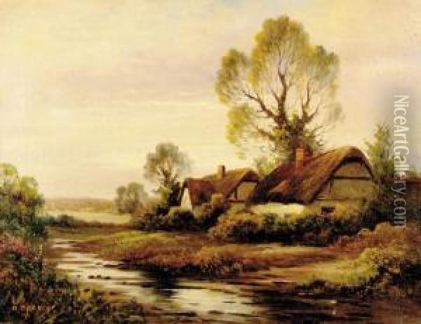 Thatched Cottage By The River Oil Painting - Augustus Spencer