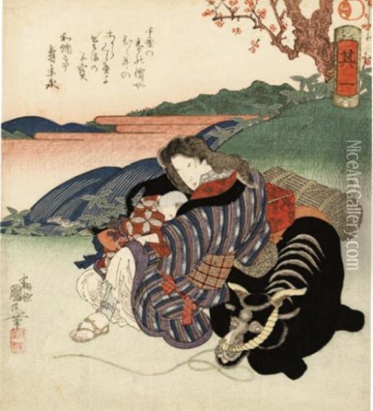 From The Surimono Series Suru Ichi [first Of A Set Of Companions] Commissioned By The Taikogawa Poetry Club, An Oharame Wood Cutter And A Child Resting Beside An Ox, The Poem Reads Senkin No Oil Painting - Utagawa Kunimaru