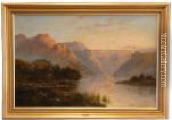A Mountain Lake At Sunset, Signed Oil Painting - William Langley