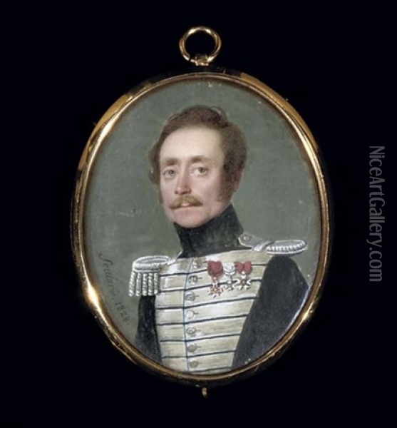 An Infantry Officer Of The Royal Guard, In Black Coat With Silver Facings And Epaulette, Wearing The Badge Of The Royal French Order Of St. Louis And Other Decorations Oil Painting - Jean Pierre Feulard