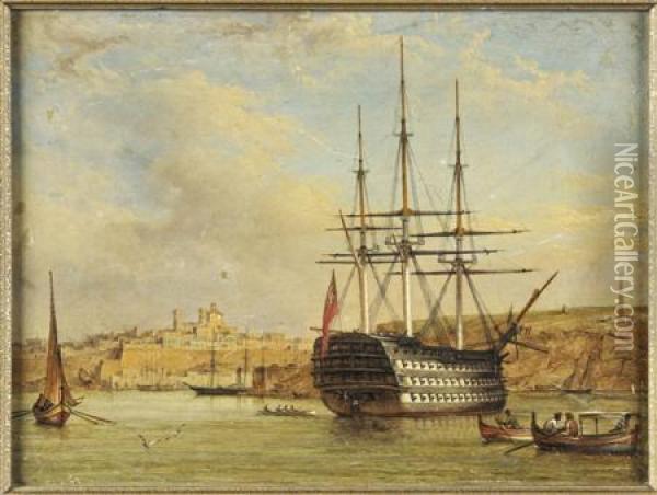 H.m.s Trafalgar At The Entrance To Valetta Harbour Oil Painting - Giovanni Jean Schranz