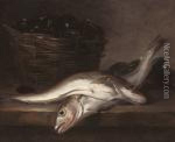 Fish And A Basket Of Mussels Oil Painting - Alphonse de Neuville