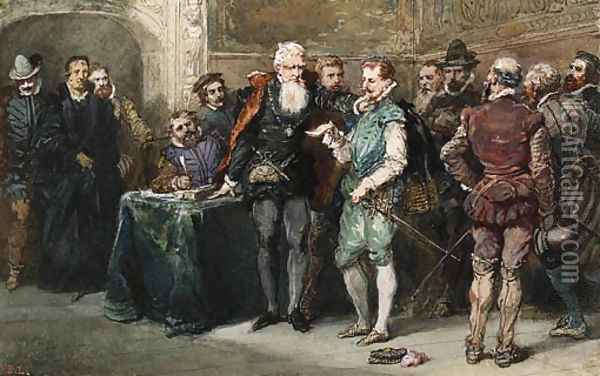 A Duel outside the Tour de Nesle, Paris; and An Assembly Oil Painting - Eugene Louis Lami
