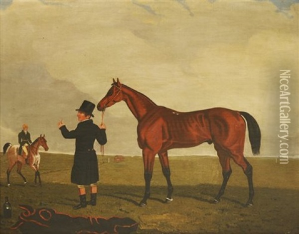 Colonel J Peel's 'archibald' With Trainer And Jockey, A Pavis, Riding A Roan Hack Oil Painting - Lambert Marshall