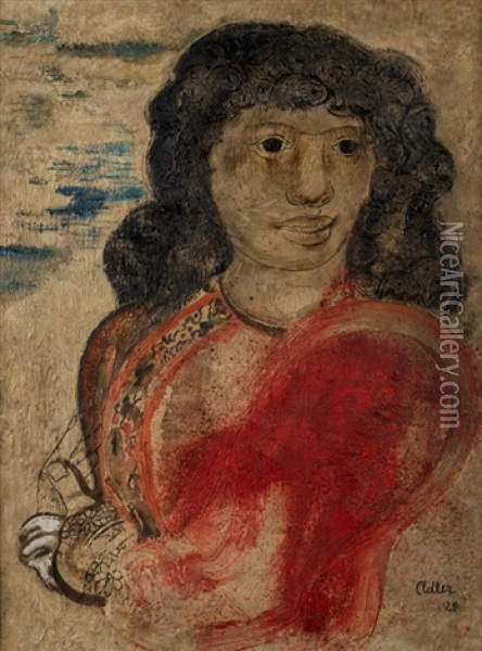 Junge Frau Mit Dunklen Haaren In Rotem Kleid Oil Painting - Jankel Adler