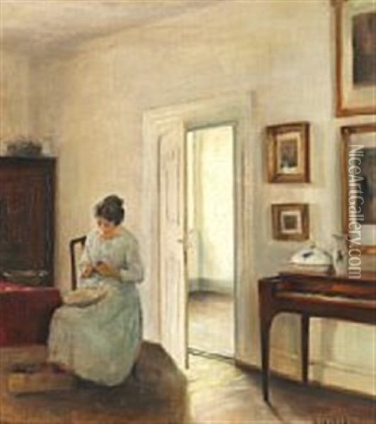 Interior With A Young Woman Peeling Fruit Oil Painting - Carl Vilhelm Holsoe