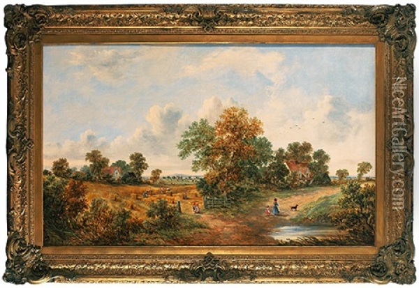 Weizenernte Und Spielende Kinder; Zwischen Baumen Und Hag Verstecktes Anwesen Oil Painting - James E. Meadows