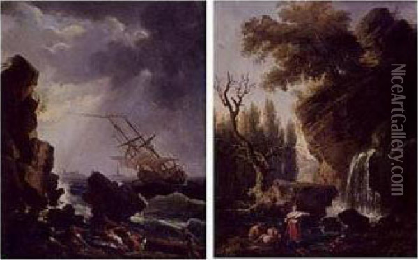 A Ship On A Stormy Sea And A View Of A Waterfall: A Pair Of Paintings Oil Painting - Claude-joseph Vernet