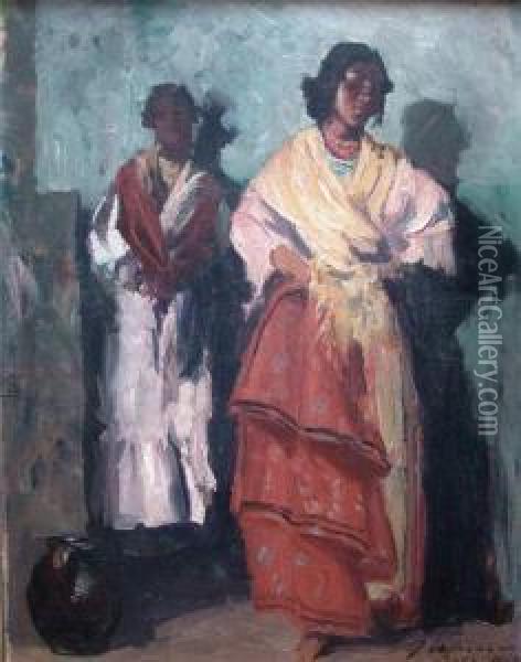 Vor Hauswand Stehende Zigeunerinnen Oil Painting - Artur Wasner