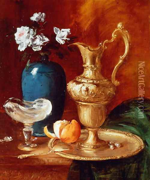 Still life of a gilt ewer, vase of flowers and a facon de Venise bowl Oil Painting - Antoine Vollon