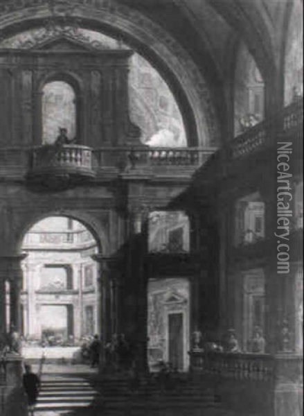 Architektur: Capriccio Mit Dem 'gastmahl Des Belsazar' Im Hintergrund Oil Painting - Pietro Francesco Garoli