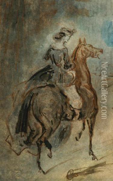 Young Woman On Horseback Oil Painting - Constantin Guys