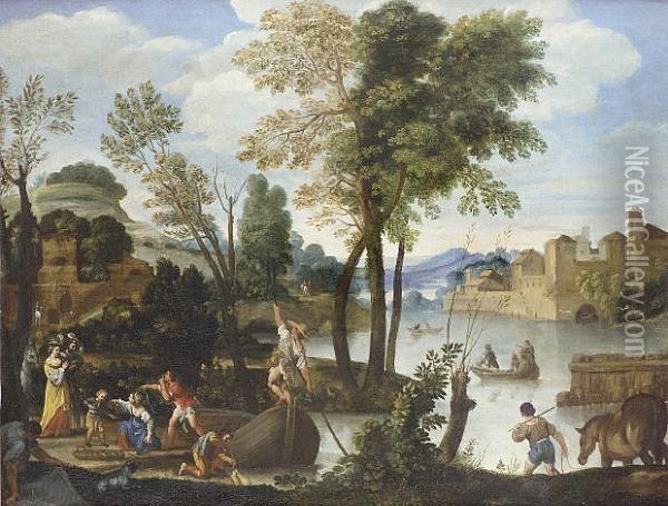 A River Landscape With Elegant Figures Disembarking A Ferry Oil Painting - Domenico Zampieri (Domenichino)