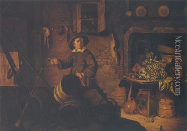 Kitchen Interior With A Youth, German Stoneware, Copper Pots And A Basket On A Table Oil Painting - Philips Angel