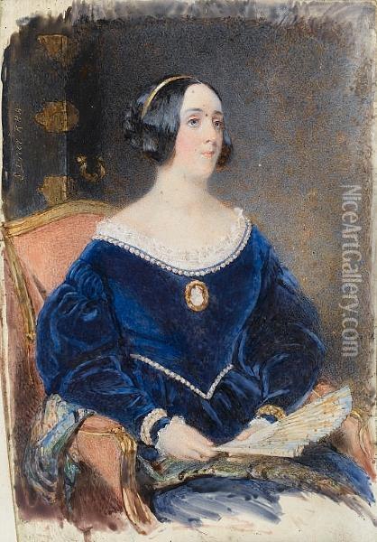 Lady Colebrooke, Seated Holding A Fan, Wearing Blue Dress With Pearl Decoration, Cameo At Her Corsage, White Underslip, Gold Strand Adorns Her Hair. Oil Painting - Samuel Lover