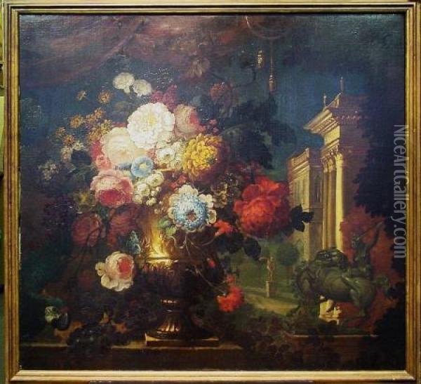 Floral Still Life In Architectural Landscape Oil Painting - Gasparo Lopez