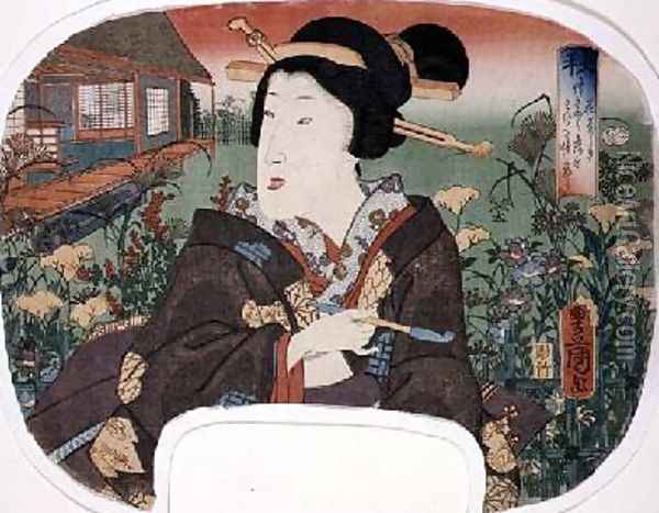 Autumn Hanayashiki A geisha with a pipe design for a fan from a set of four illustrating the seasons Oil Painting - Utagawa Kunisada