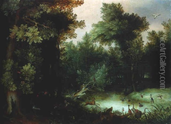 A Stag Hunt At A Pool In A Forest Oil Painting - Gillis Van Coninxloo III