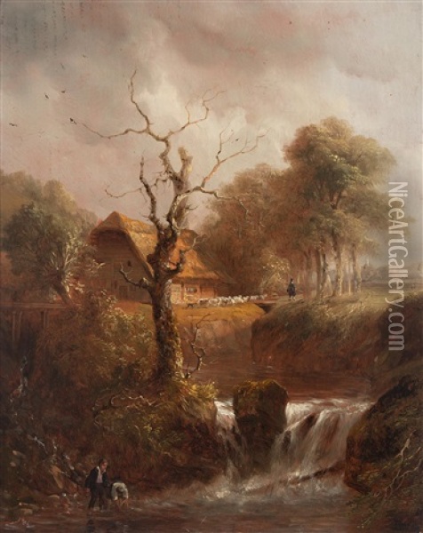 Flusslandschaft Mit Bauernhaus Und Staffage Oil Painting - Johann Jakob Ulrich