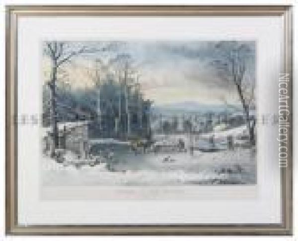 Winter In The Country. Getting Ice. Oil Painting - Currier