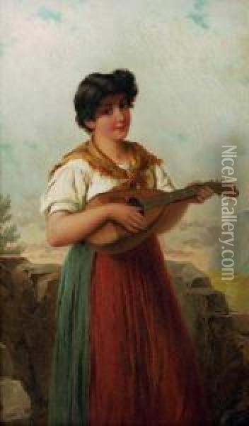 The Charming Mandolin Player Oil Painting - Josef Bche