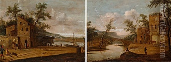 Flodlandskap Med Byggnader Och Figurer (pair) Oil Painting - Johan Philip Korn