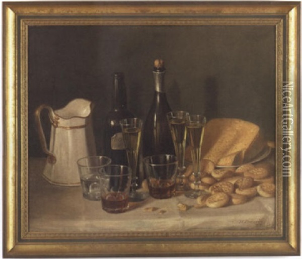 Still Life With Central Bottles Of Cognac And Wine Surrounded By Goblets, Glasses, A Wedge Of Cheese, And Biscuits On A Draped Table Oil Painting - John F. Francis