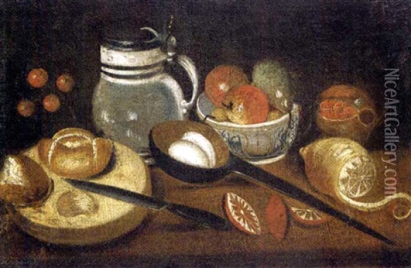 An Earthenware Tankard, A Partly-peeled Lemon, A Ladle With Eggs, Apples And Pears In A Bowl, Bread And A Knife On A Table Oil Painting - Mateo Cerezo