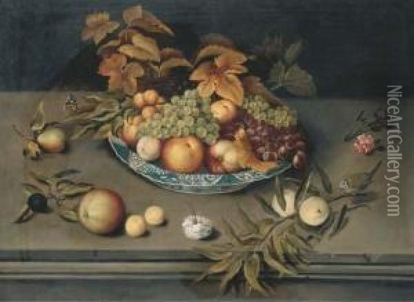 Grapes, Peaches, Apples And 
Apricots In A Porcelain Bowl On A Ledgewith Carnations, A Blue Tit And A
 Red Admiral Butterfly Oil Painting - Balthasar Van Der Ast