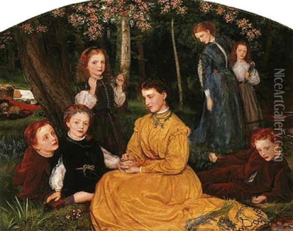 A Birthday Picnic - Portraits Of The Children Of William And Anne Pattinson Of Felling, Near Gateshead Oil Painting - Arthur Hughes