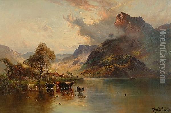 Cattle Watering In A Highland Landscape Oil Painting - Alfred de Breanski