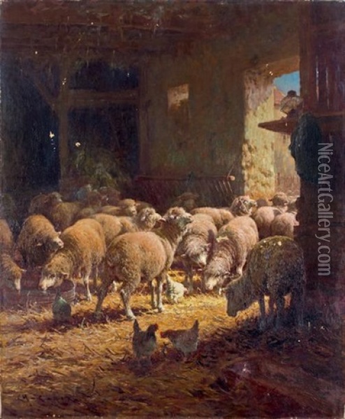 Moutons Dans La Bergerie Oil Painting - Charles H. Clair