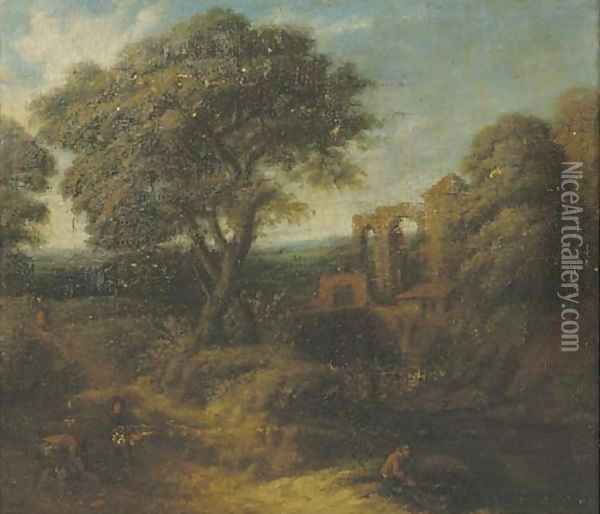 A wooded landscape with figures on a path Oil Painting - Frederick De Moucheron