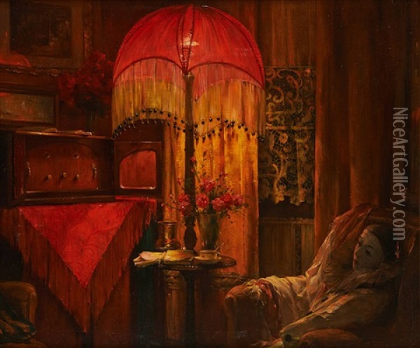 Pierrot Dans Un Interieur Art Deco Oil Painting - Edward Antoon Portielje