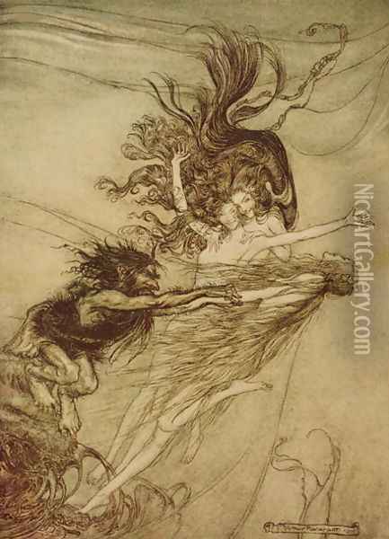 The Rhinemaidens teasing Alberich from The Rhinegold and The Valkyrie by Richard Wagner, 1910 Oil Painting - Arthur Rackham