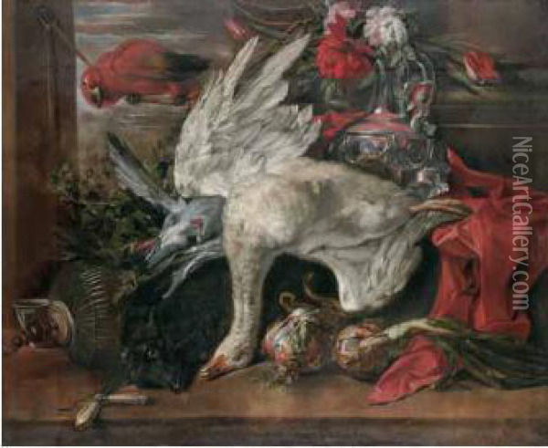 Natura Morta Con Cigno E Pappagallo Oil Painting - Jan Weenix