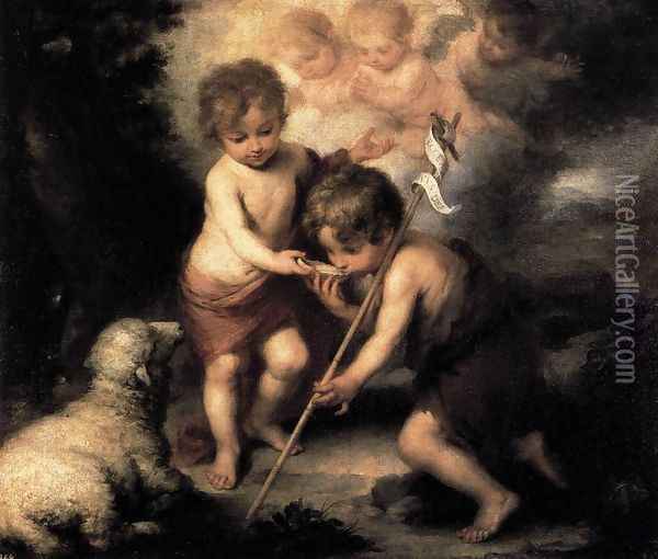 Infant Christ Offering a Drink of Water to St John 1675-80 Oil Painting - Bartolome Esteban Murillo