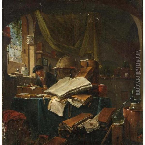 An Alchemist In His Study, A 
Still Life Of Books, Pots And Pans And Books In The Foreground Oil Painting - Thomas Wyck