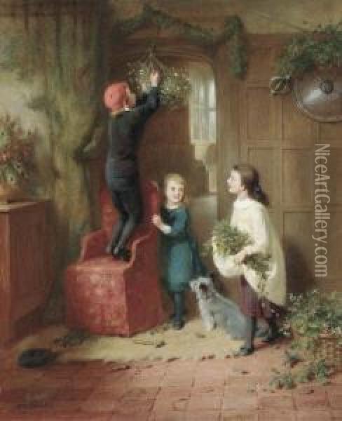 Hanging The Mistletoe Oil Painting - George Bernard O'Neill
