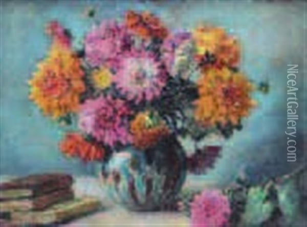 Bouquet De Dahlias Oil Painting - Raymond (Louis) le Court