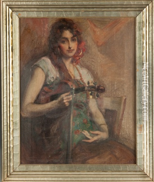 Gypsy Girl With Violin Oil Painting - Alexander Oscar Levy