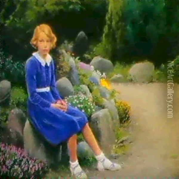 Pige I Bla Kjole Oil Painting - Hans Andersen Brendekilde