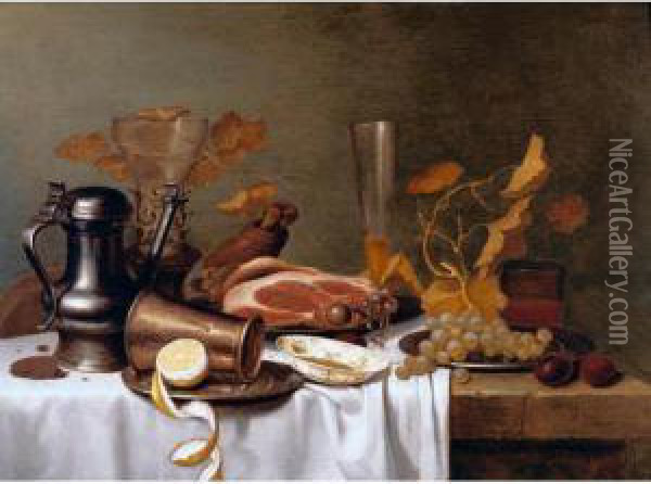 Still Life With A Haunch Of Ham,
 A Lemon And Grapes On Pewter Plates, Together With A Roemer, A Pewter 
Jug, Plums And Glasses Oil Painting - Gerrit Van Vucht